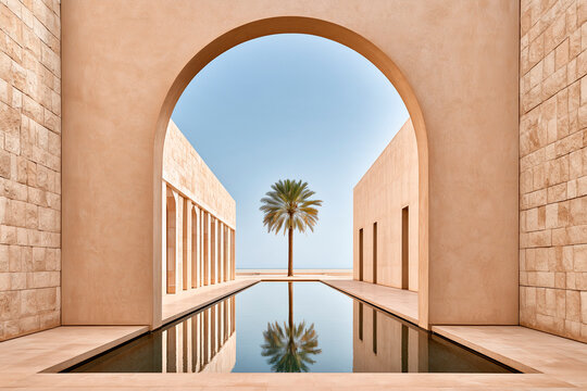 Luxury Arabian Courtyard with Sandstone Arches and Reflecting Pool