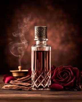 Luxury Arabian Oud Perfume Bottle with Damask Roses and Incense