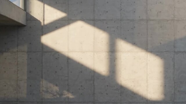 Sunlight entering from the left casts geometric shadows across a large concrete wall and floor inside a building during the day