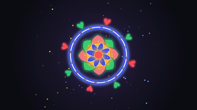 Neon Floral Mandala Animation with Glowing Hearts and Particle Effects on a Dark Background Loop