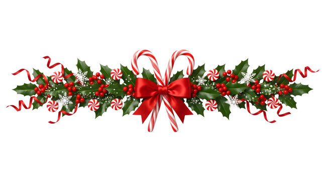 Christmas holly garland with candy canes and bow isolated on a transparent background   