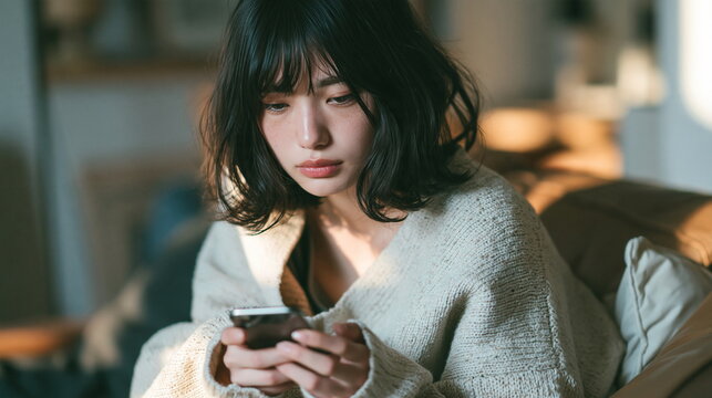 スマホ画面を見つめて落ち込む若者のSNS疲れとデジタル社会の問題を表すイメージ