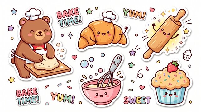 Cute kawaii baking sticker set with baker bear croissant rolling pin whisk and cupcake, chef pastry cartoon vector illustration bundle