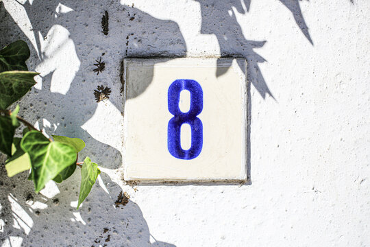 Number 8 ceramic house number tile with painted cobalt digit on sunlit plastered wall with ivy foliage and shadows, address sign detail for real estate, architecture and street numbering concepts