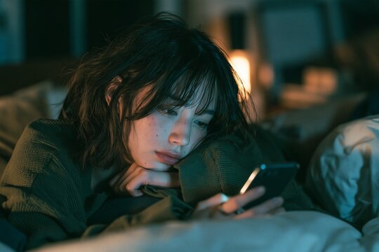 SNSで他人の投稿を見て落ち込む若者のスマホ依存とデジタル時代の社会問題イメージ