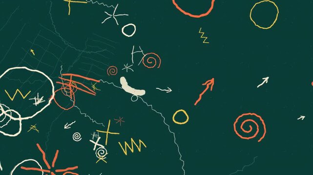 Animated Hand-Drawn Colorful Symbols Flowing Across a Dark Green Background