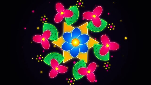 Vibrant Rangoli Flower Pattern Animation with Glowing Neon Colors and Floating Particles on Black Ba