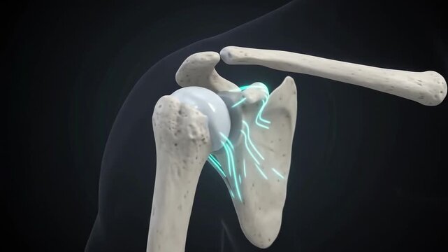 Medical animation showing human shoulder joint anatomy with bones, rotator cuff tendons, and muscle movement highlighting inflammation or pain points in glowing light.