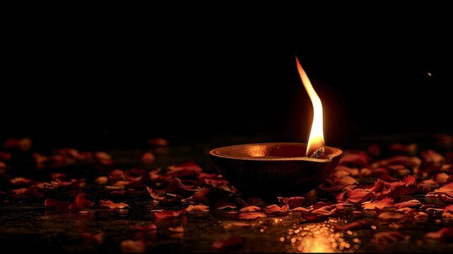An oil lamp burns among scattered petals and leaves as its flame shifts shape in a dark indoor setting.