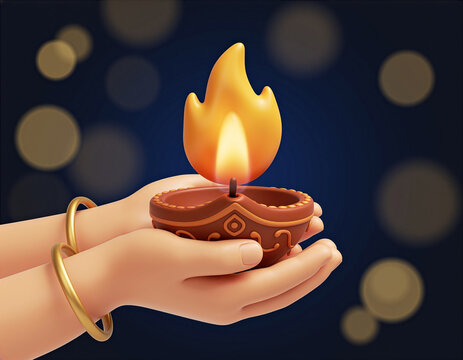 Diwali hands holding a glowing diya lamp in festive darkness