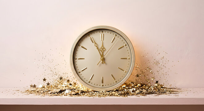 Beige wall clock close to midnight standing on pastel pink shelf surrounded by gold glitter and star confetti with copy space for New Year countdown