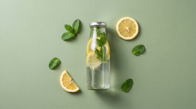 Glass bottle of lemon mint water with citrus slices and fresh leaves on green background. Infused water for hydration and refreshment. Healthy drink, natural ingredients, summer beverage