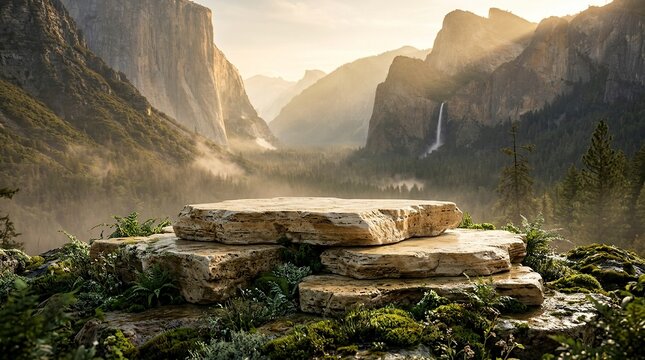 Travertine stone podium set against a breathtaking alpine valley at sunrise with majestic mountain peaks, a distant waterfall, and golden sunlight rays, perfect for natural product display.