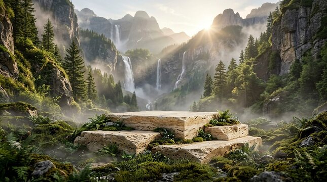 Multi-tiered Travertine Stone Podium Stage in a Lush Alpine Valley with Majestic Waterfalls, Mist, and Sun Rays for Natural Product Display or Cosmetic Presentation Mockup