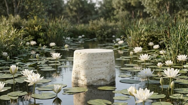 Empty Travertine Stone Podium for Product Presentation in a Serene Marsh Pond Surrounded by Blooming White Water Lilies and Lush Greenery Under Soft Natural Sunlight