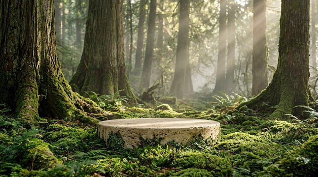 Round travertine stone podium placed on lush green moss in a magical forest valley with dramatic sunbeams filtering through the canopy, ideal for organic product display and skincare mockup.