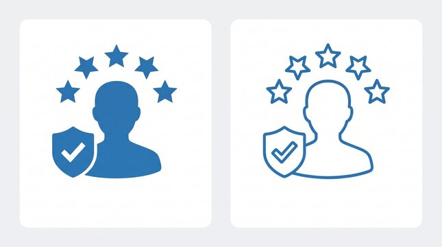 Five star expert rating icon set with person silhouette and protection shield check mark in blue solid and outline styles for trusted service