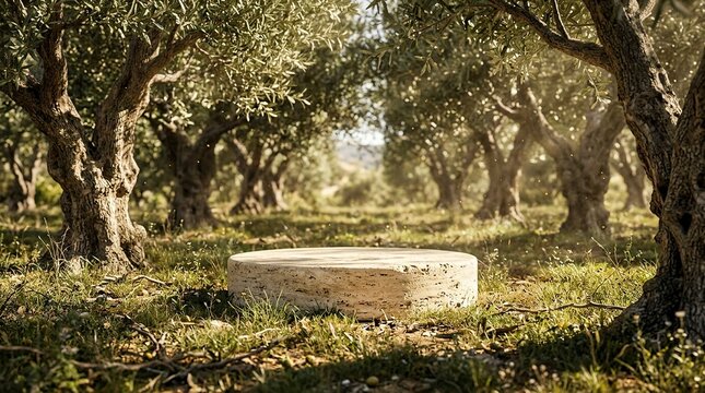Empty circular travertine stone podium pedestal for product display set in a sunlit olive grove with Mediterranean trees, natural light, and green grass background for organic beauty ads.