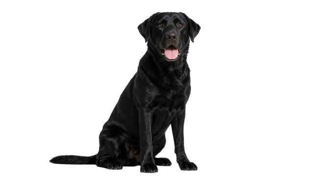 Black Labrador Retriever dog sitting attentively, isolated on transparent background