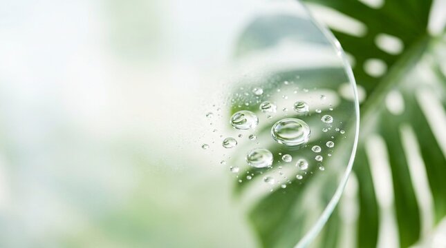 Macro view of fresh transparent water droplets beaded on a clear glass surface with a soft blurry tropical monstera leaf background, ideal for clean, organic, and refreshing concept designs.