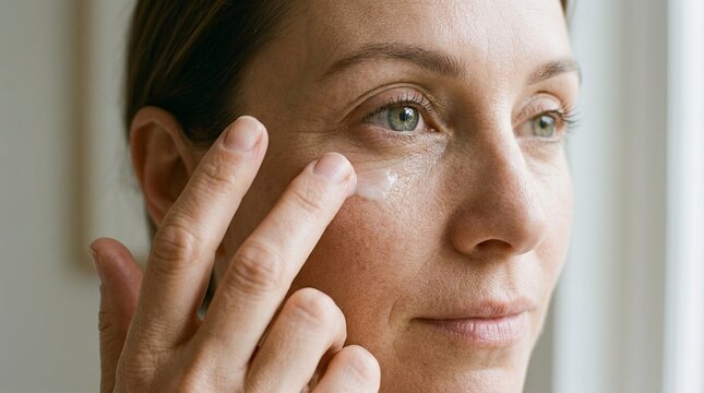 Close-up portrait of a mature woman with natural skin texture applying anti-aging moisturizing cream or serum under her eyes during a daily beauty and skincare routine for wellness and health.