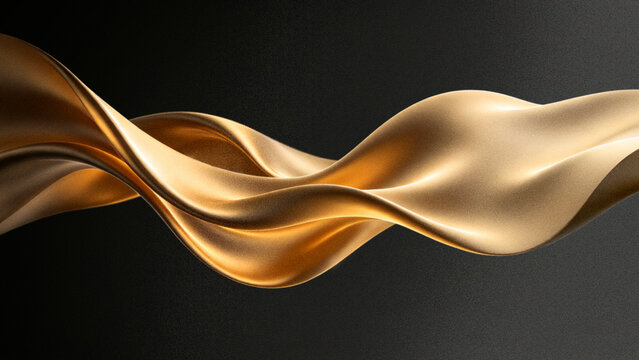 Abstract 3D wavy cloth background with grainy particle texture featuring luxury premium metallic gold wave on dark black backdrop for elegant design.