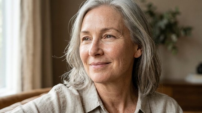 Portrait of a beautiful mature woman with natural grey hair and healthy skin smiling serenely while posing for a skincare and wellness concept indoors with soft window lighting.