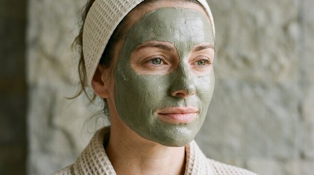 Close up of a beautiful woman with a green clay facial mask applied to her face wearing a white waffle headband and robe during a relaxing home spa and skincare wellness treatment.
