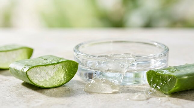 Fresh cut aloe vera leaves with transparent soothing gel dripping from a small glass bowl on a stone surface, ideal for natural skincare, beauty treatment, and organic cosmetic concepts.
