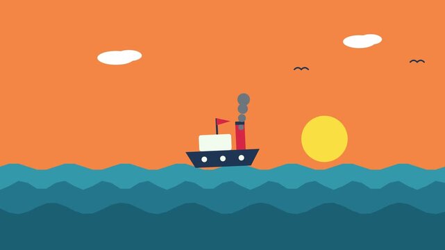 Steamship sailing on ocean waves at sunset