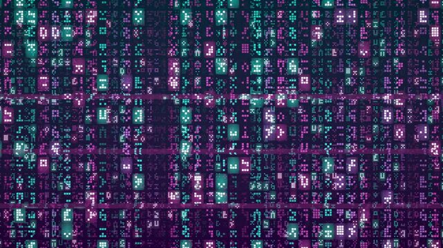 Neon digital rain matrix code cyberpunk binary glitch loop background. Futuristic data stream falling glyphs sci-fi motion graphics