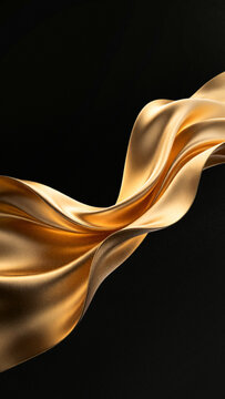 Vertical abstract 3D wavy cloth background with grainy particle texture featuring luxury premium metallic gold wave on dark black backdrop for mobile screen.