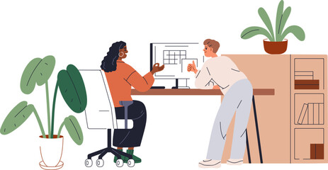 Plakat Office workers, employees at work desk, computer. People talk in office, man and woman work at computer desk. Business conversation, employees communication. Flat vector illustration isolated on white