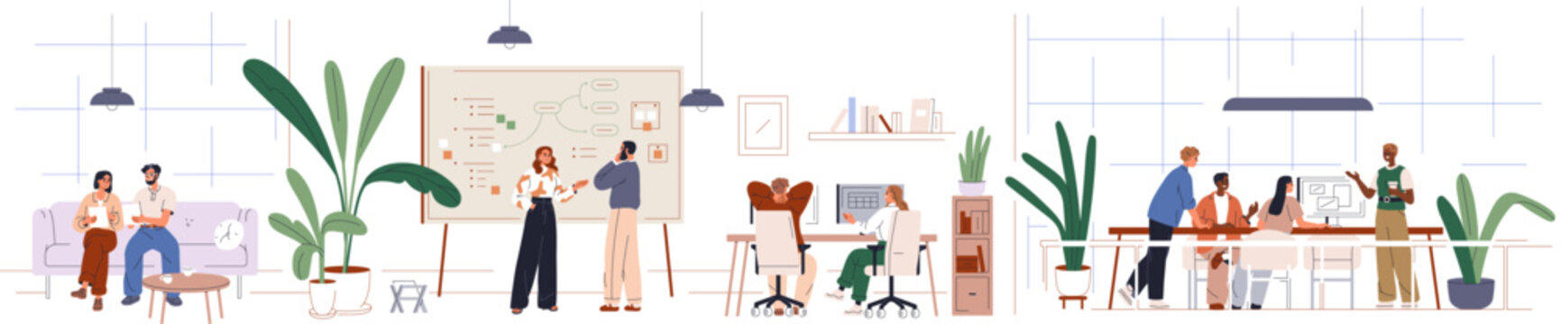 Office interior, work space with people, business team at desks, computers. Office workers work in modern workspace. Coworking space, meeting room with employees. Flat vector illustration isolated.