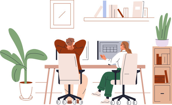 Office worker, employee at work desk. Two people talk in office, man and woman work at desk. Happy employees conversation, business communication at workplace. Vector illustration isolated on white.