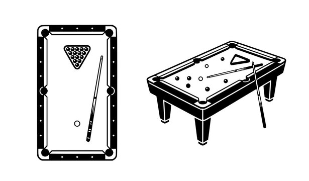 Billiard Pool Table and Cue Stick Black Silhouette Vector Set