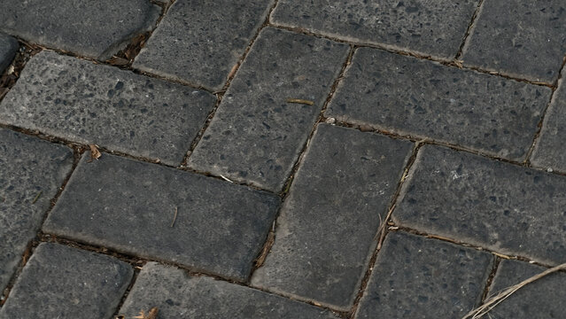 Close-up of dark gray rectangular paving stones arranged in a herringbone pattern with subtle moss growth in the crevices.