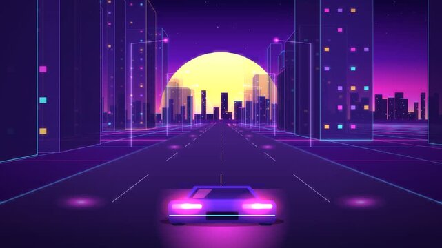 Retro futuristic car driving down neon highway towards glowing sunset in stylized synthwave city skyline
