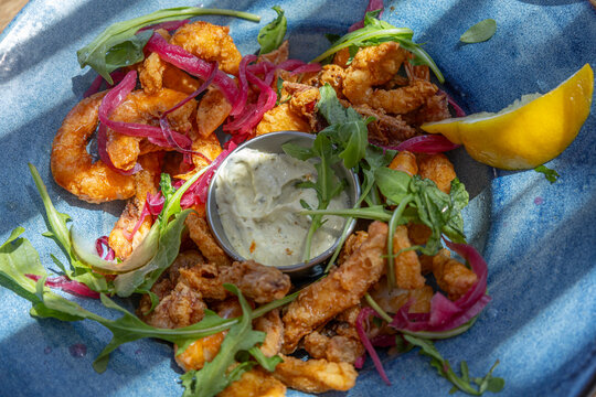 Fried Seafood is Served on a Blue Plate
