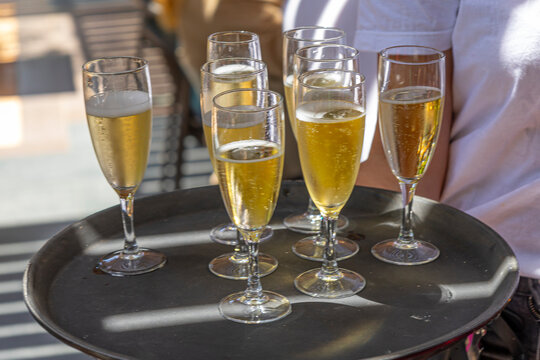 Glasses of Drink on a Tray in a Bright Setting