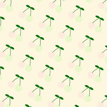 Minimal cute green and pink cherry seamless pattern on cream background 