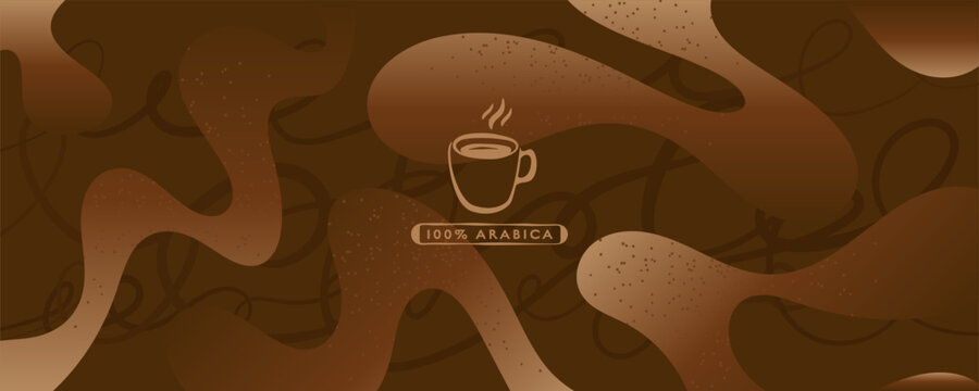 Coffee branding label with brown packaging wave and premium gradient template. Background shop menu with banner liquid cup and dark warm fluid.