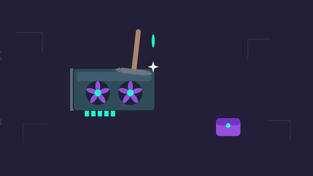 Crypto mining illustration with GPU and pickaxe