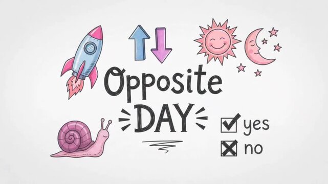 Colorful hand drawn cartoon doodle of opposite concepts changing colors and details for opposite day concept