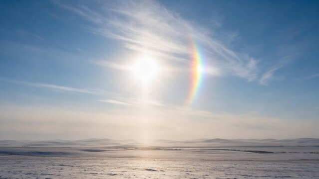 Spectacular vertical sun dog rainbow phenomenon with light pillar glowing over rolling snow-covered hills under a deep blue sky.