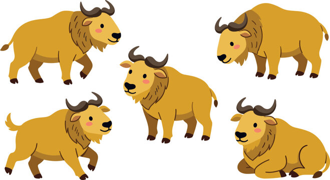 Golden takin vector cartoon collection featuring cute national animal of Bhutan in various poses isolated