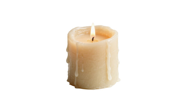 Beige pillar candle with melting wax drips and glowing flame