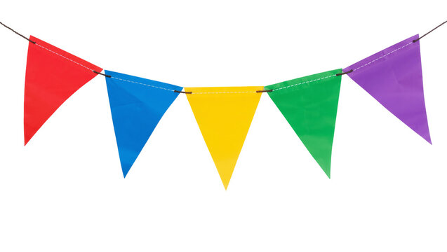 Multicolor triangular plastic bunting flags hanging on a string