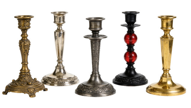 Five assorted vintage metal and glass candle holders in various ornate styles