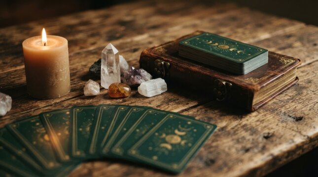 Tarot Cards, Candle, Crystals and Antique Books on Table